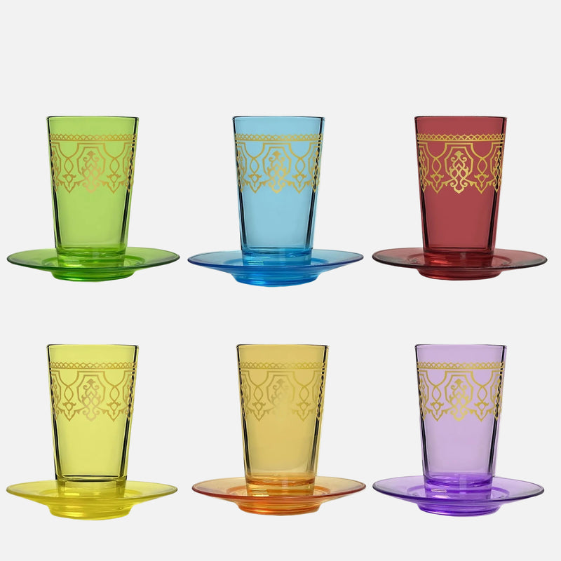 Dimlaj Touch Casablanca Set of 6 Pcs Moroccan Tea Cups and Saucers Mixed Color
