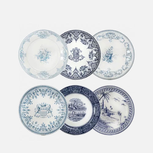 Set of 6 Assorted Dessert Plates - Blue Mismatched