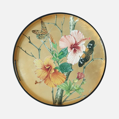 Tropical Floral Lacquered Wooden Tray – 35 cm