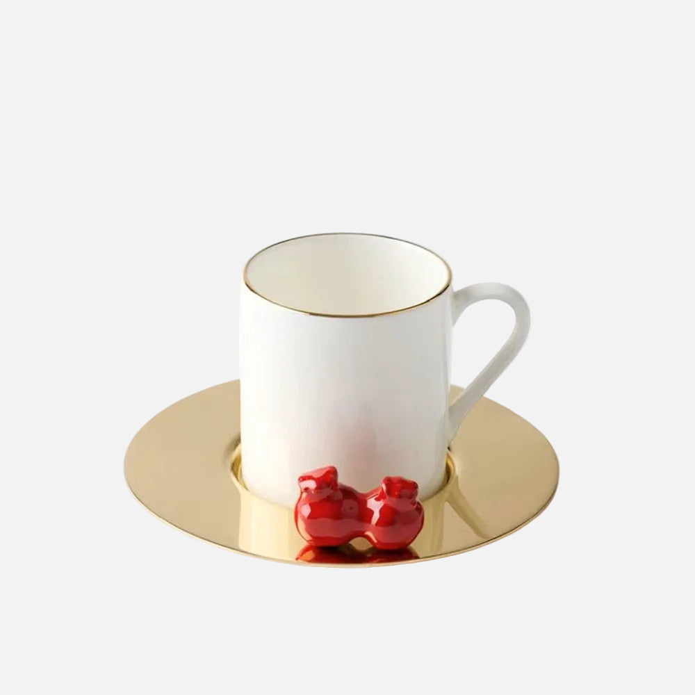 Cups Brass Saucer Red Pomegranate (Set of 6)