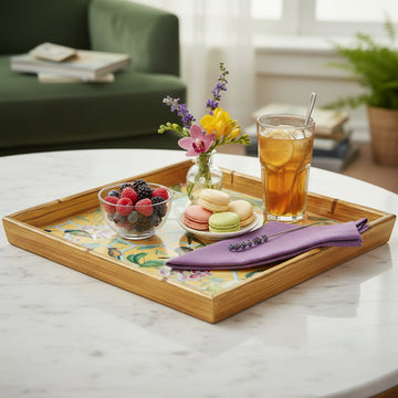 Hummingbird Trellis Gold Bamboo Edge Square Lacquer Tray (36.6 × 36.6 × 4.4cm)