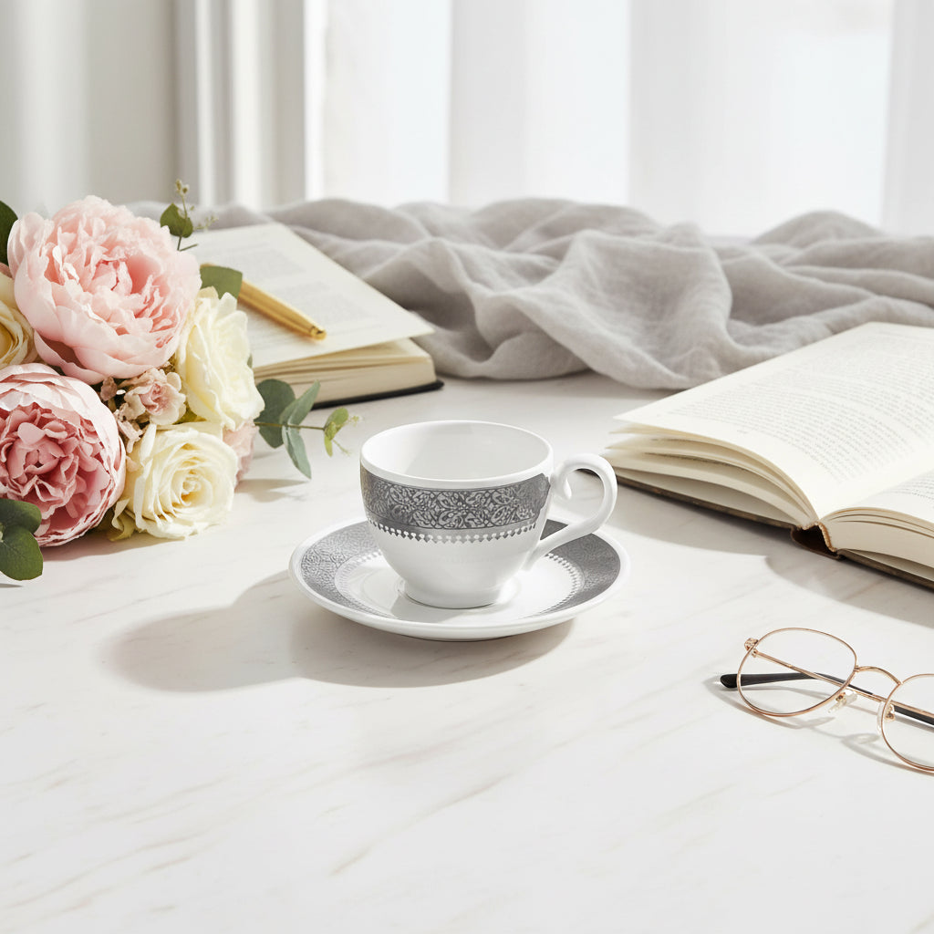 Dimlaj Cordoba Set of 6 Pcs Turkish Coffee Cups and Saucers  (Platinum)