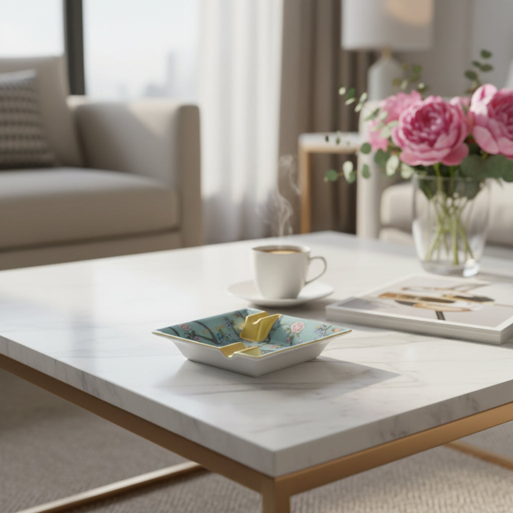 Antique Chinoise Square Ashtray 16Cm With Leather G.B.