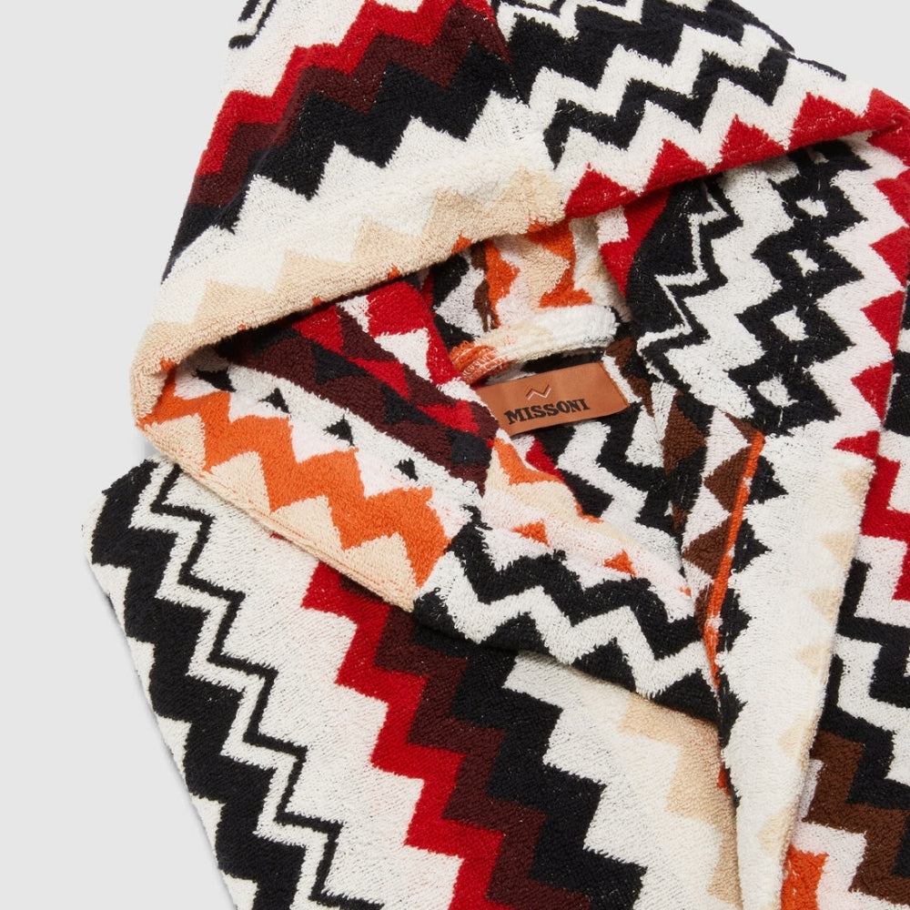 Best Red Multicolour Zigzag Cotton Hooded Bathrobe