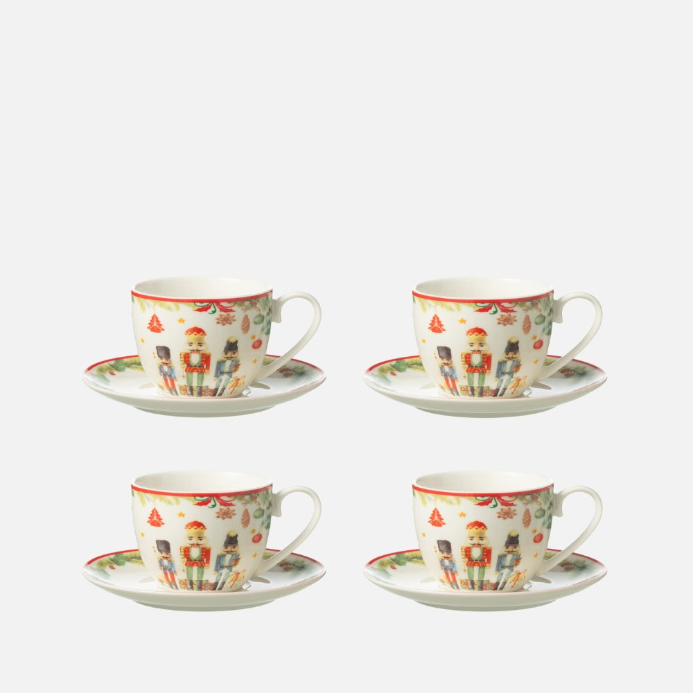 Nutcracker Tea Cup & Saucer Set – White Ceramic (Box of 4)