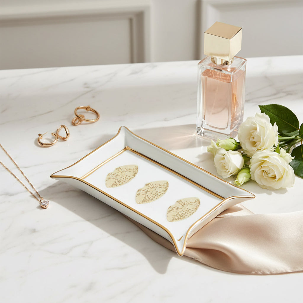 Lips Valet Tray - Porcelain Catchall with Gold Accents