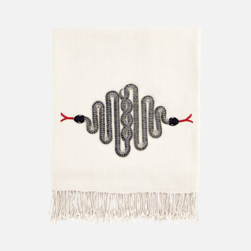 Snake Embellished Throw - White Merino Wool with Beaded Serpents