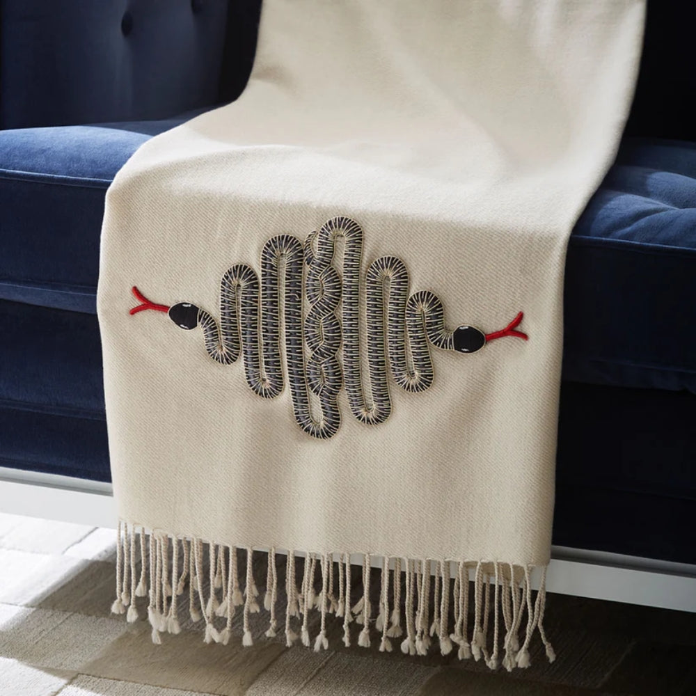 Snake Embellished Throw - White Merino Wool with Beaded Serpents
