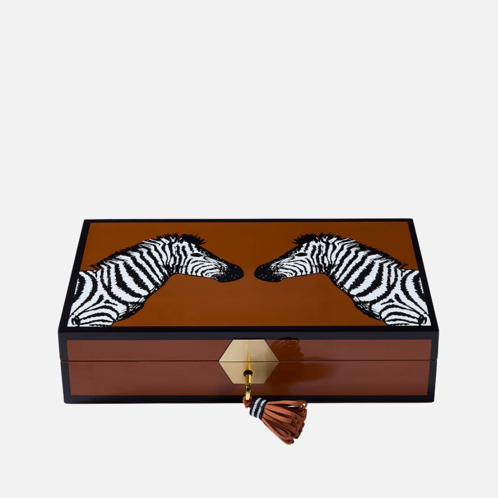 Zebra Lacquer Jewelry Box – Cognac & Camel Velvet