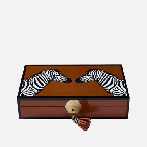 Zebra Lacquer Jewelry Box – Cognac & Camel Velvet
