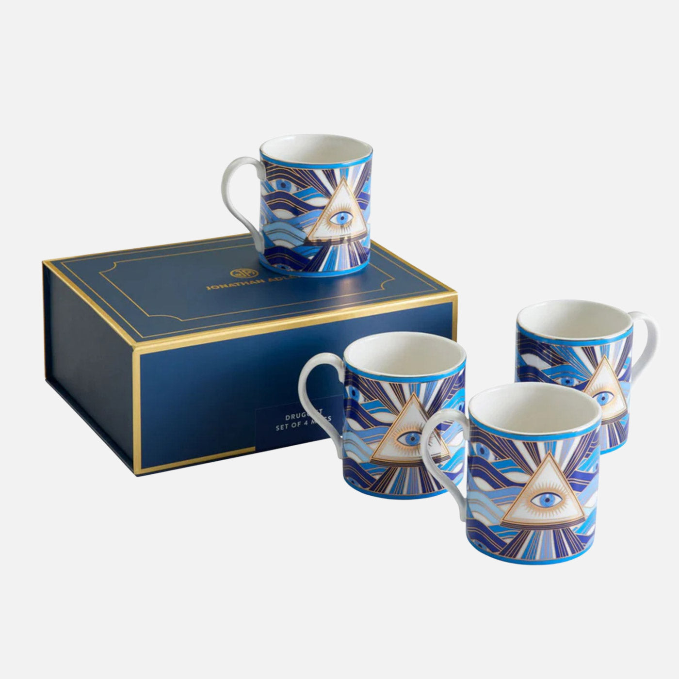 Druggist Mug Set – Blue Porcelain with Gold Accents (Set of 4)