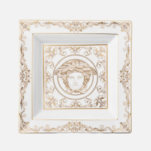 Medusa Gala Dish – White & Gold Porcelain Square Plate, 22 cm
