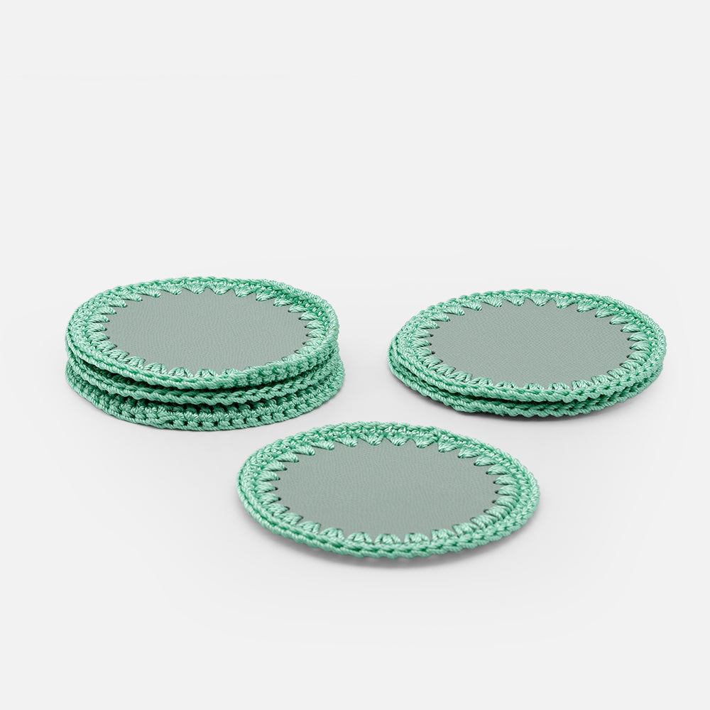 Rochelle Leather &amp; Crochet Coasters Set of 6 (Mint)