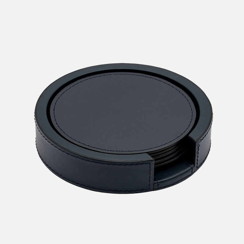 Tao Leather Coaster Set of 6 with Holder (Blue)