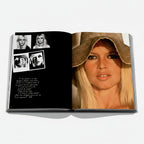 An open hardcover book displayed against a light gray background. The left page is black with black-and-white portrait photos, text, and sketches, while the right page features a large color portrait of a woman wearing a wide-brim straw hat.