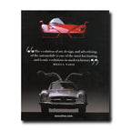 Book cover with vintage cars and a quote on a black background