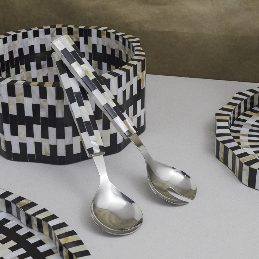 Be Home Finlay acacia wood inlay bowl in black and white, 30cm, styled in a room setting