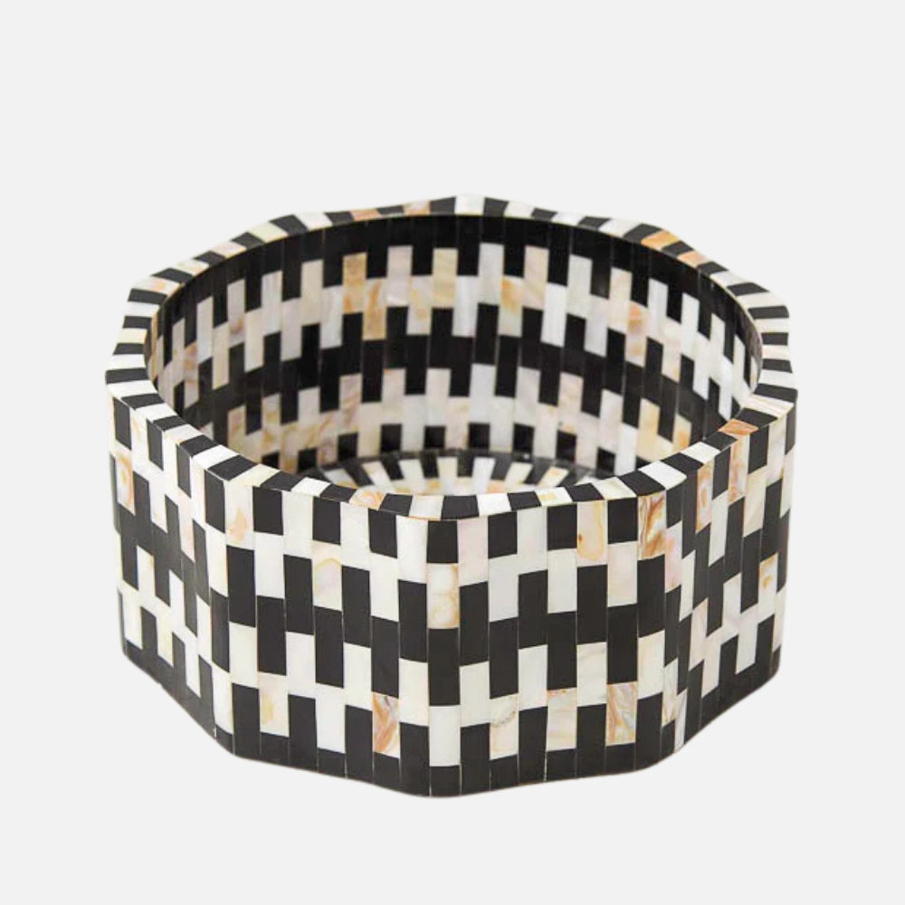Be Home Finlay acacia wood inlay bowl in black and white, 30cm, front view
