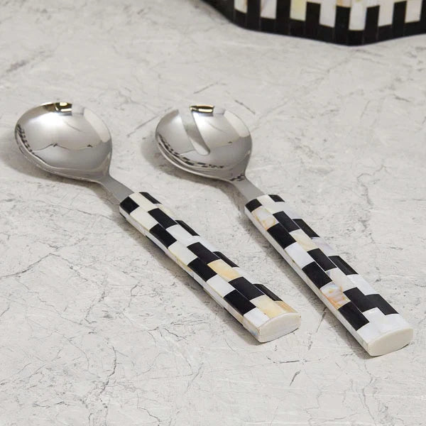Be Home Finlay inlay salad serving set in stainless steel, styled in a room setting 2
