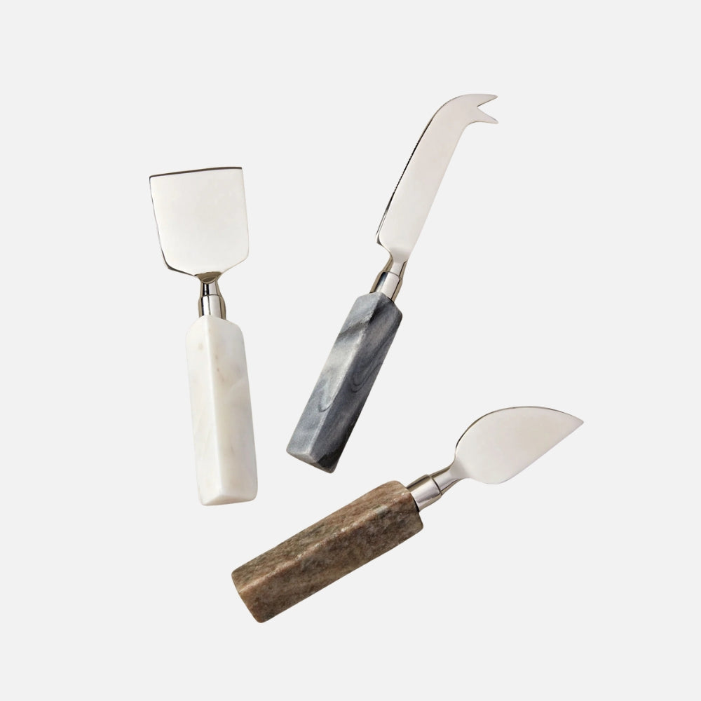 Be Home geometric cheese knife set with white marble handles, three pieces, front view