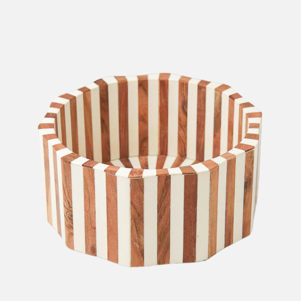 Be Home Lyra acacia wood inlay bowl in brown and white, 30cm, front view