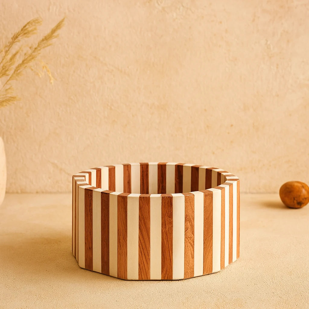Be Home Lyra acacia wood inlay bowl in brown and white, 30cm, styled in a room setting 3