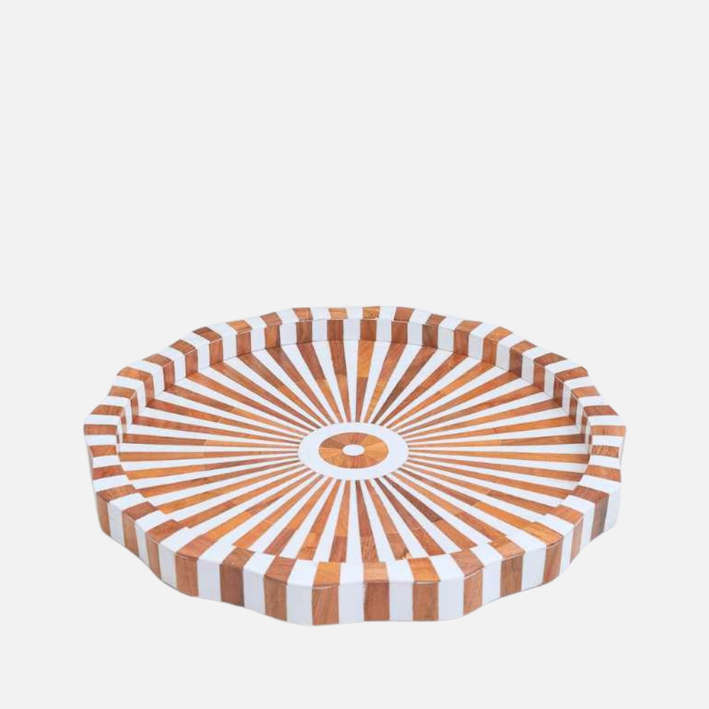 Be Home Lyra acacia wood inlay tray in brown and white, 42cm, front view
