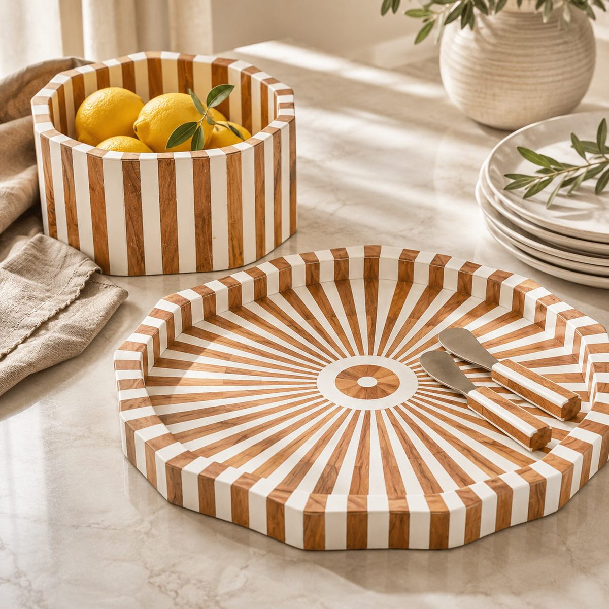Be Home Lyra acacia wood inlay tray in brown and white, 42cm, styled in a room setting