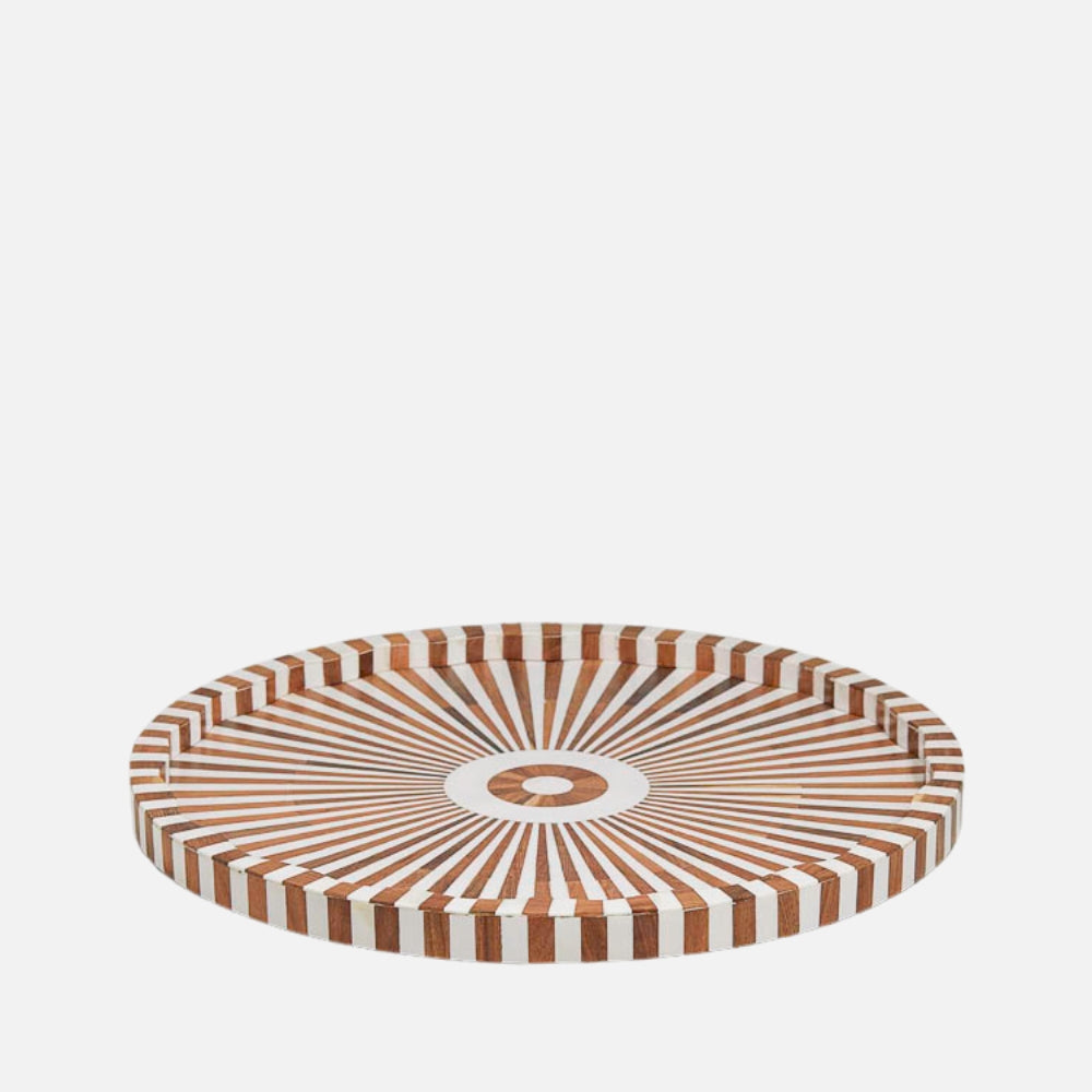 Be Home Lyra acacia wood inlay tray in brown and white, 60cm, front view