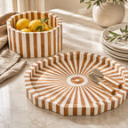 Be Home Lyra acacia wood inlay tray in brown and white, 42cm, styled in a room setting