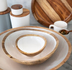 Be Home Madras mango wood serving bowl in taupe, 45cm, styled in a room setting 2