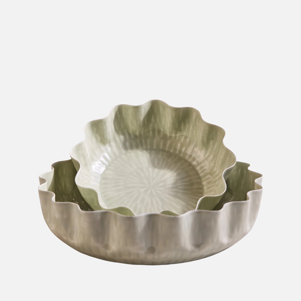 Be Home Nera light green enamel serving bowls, set of two, front view