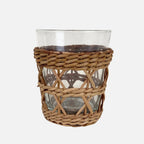 Be Home Seagrass rattan wide cage tumbler in hand-woven rattan over glass, front view