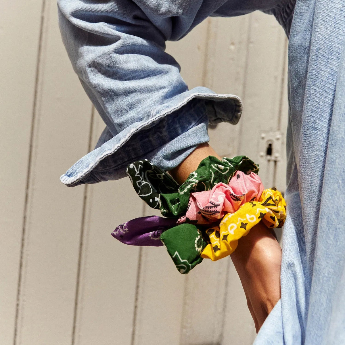 Call It By Your Name Chouchou quilted scrunchie in chambray and navy, styled in use
