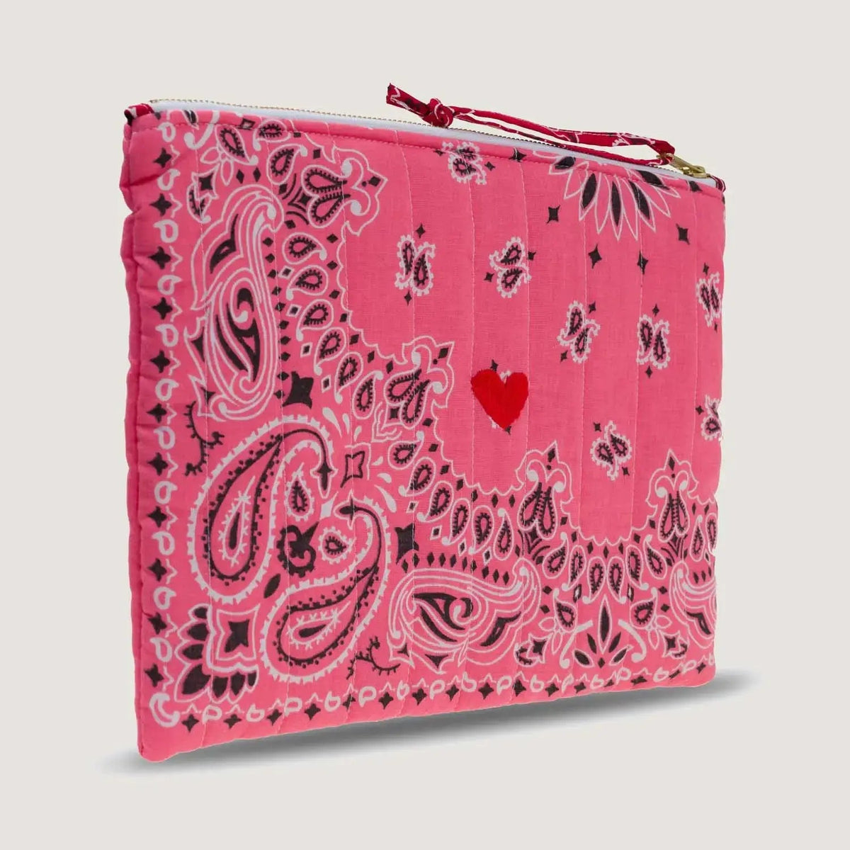 Call It By Your Name Coeur quilted zip pochette in strawberry pink with red heart motif, alternative angle