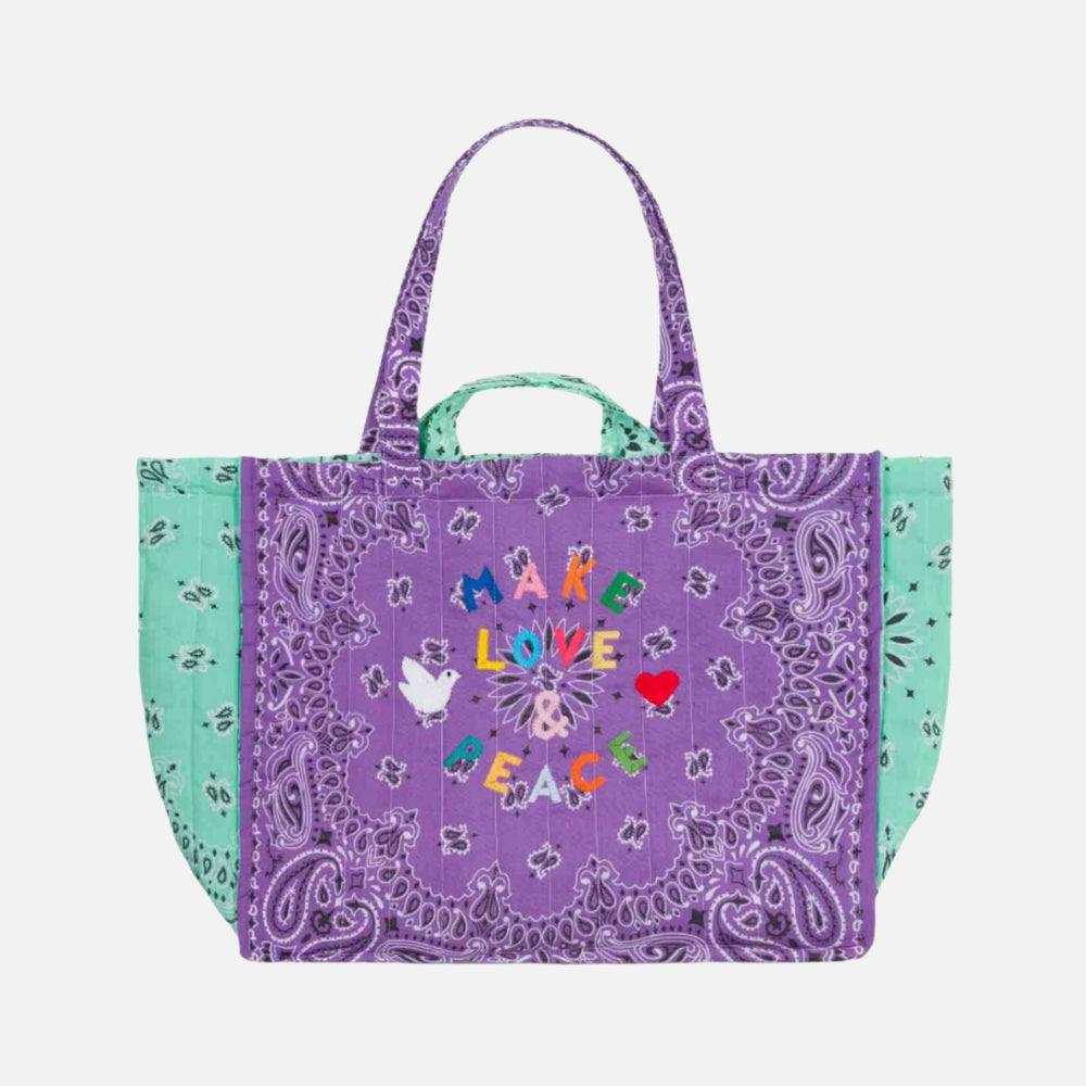 Call It By Your Name Make Love and Peace Maxi Cabas quilted tote in lilac and mint, front view