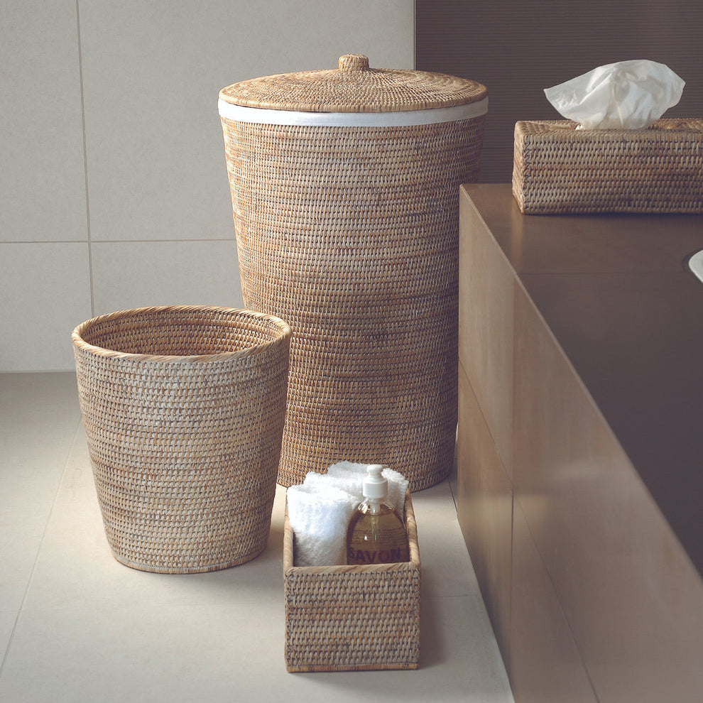 Décor Walther Rattan Basket Round Bin, styled in a bathroom setting