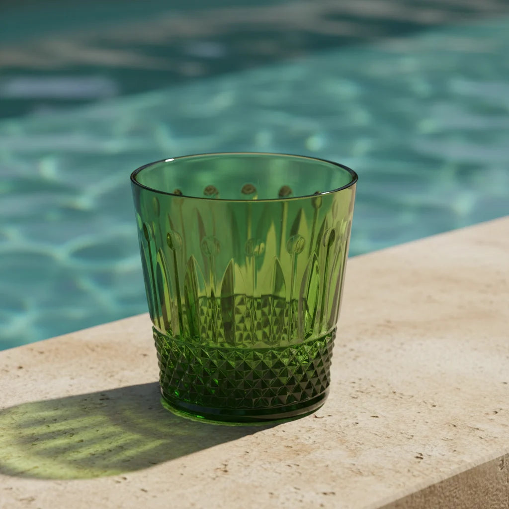 Mario Luca Giusti Nuova Italia Tumbler, Green in synthetic crystal, styled in a table setting
