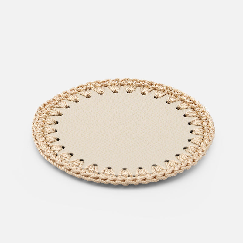 Rochelle Leather & Crochet Coaster, Ivory, Set of 6