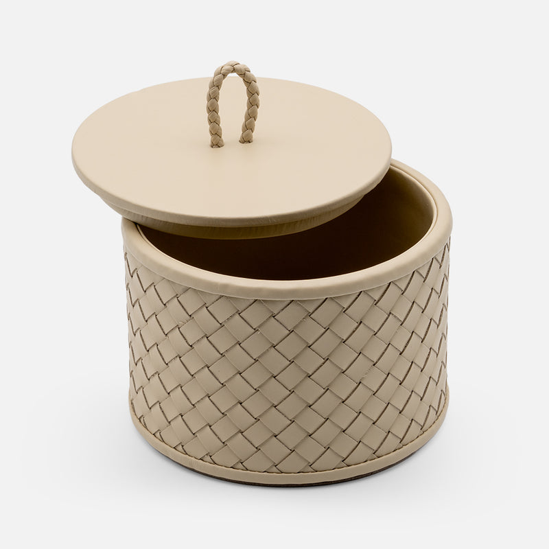Jana Handwoven Leather Round Box, 12cm, Ivory