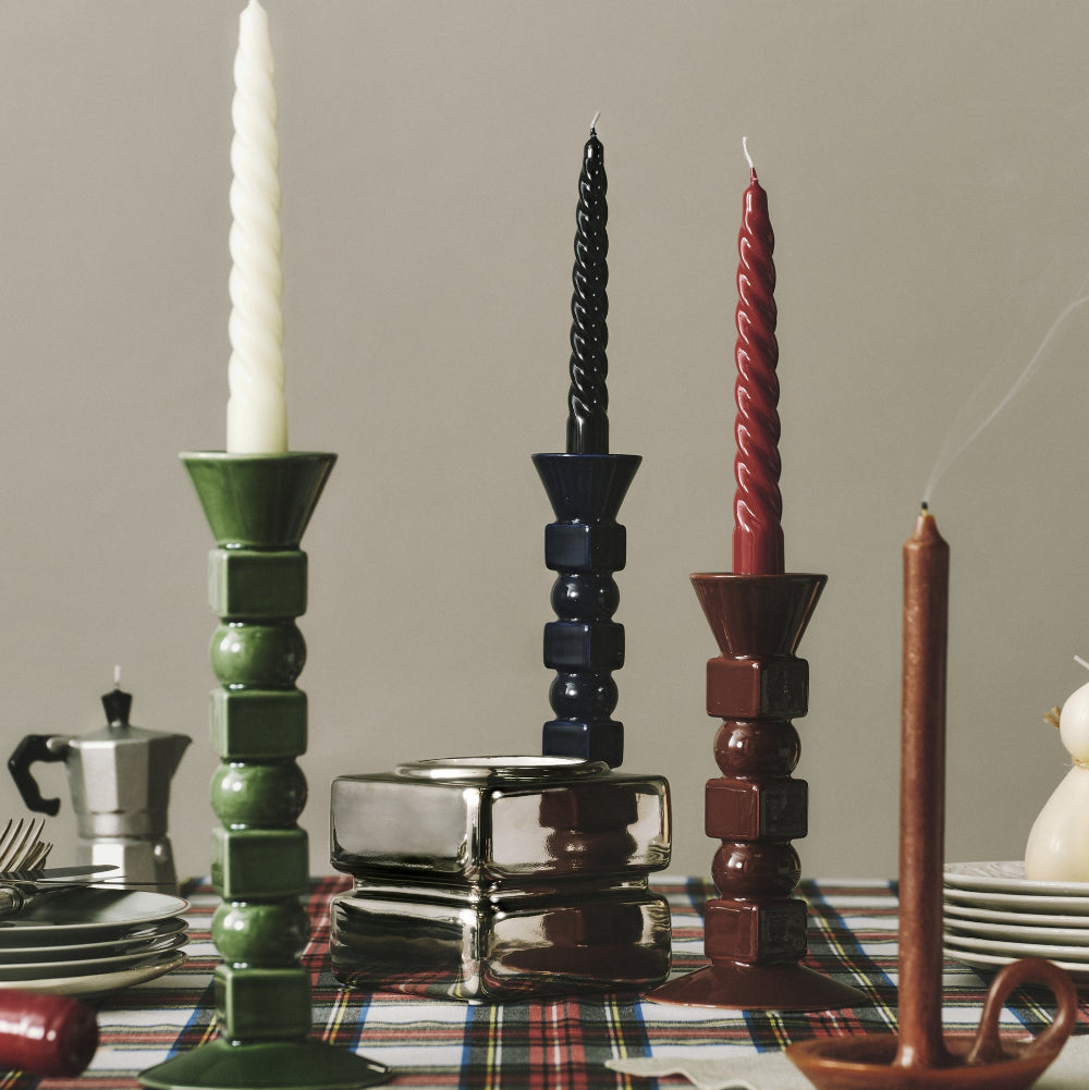 The Socialite Family Anna ceramic candle holder in midnight blue, 25cm, styled in a room setting