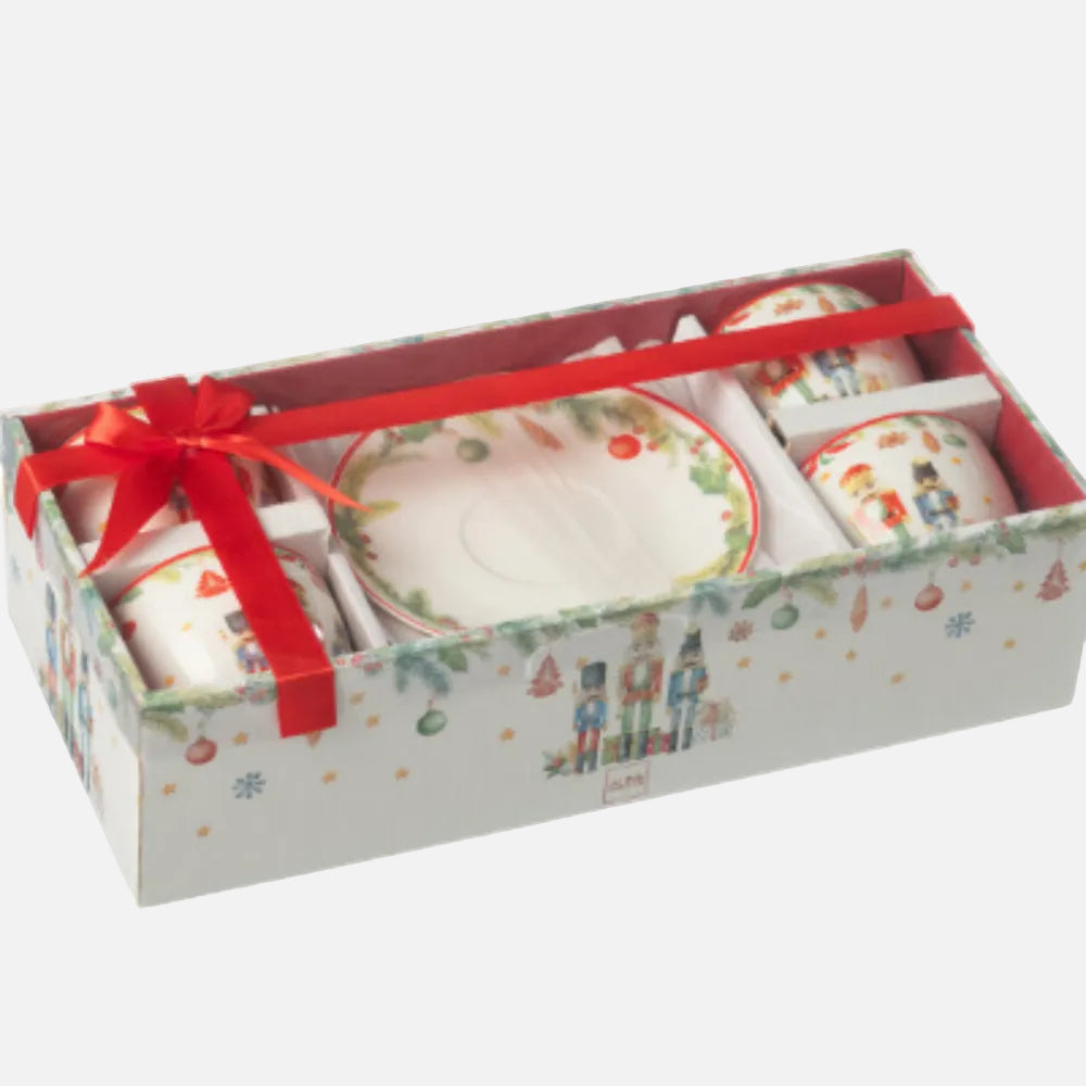 Nutcracker Tea Cup & Saucer Set – White Ceramic (Box of 4)