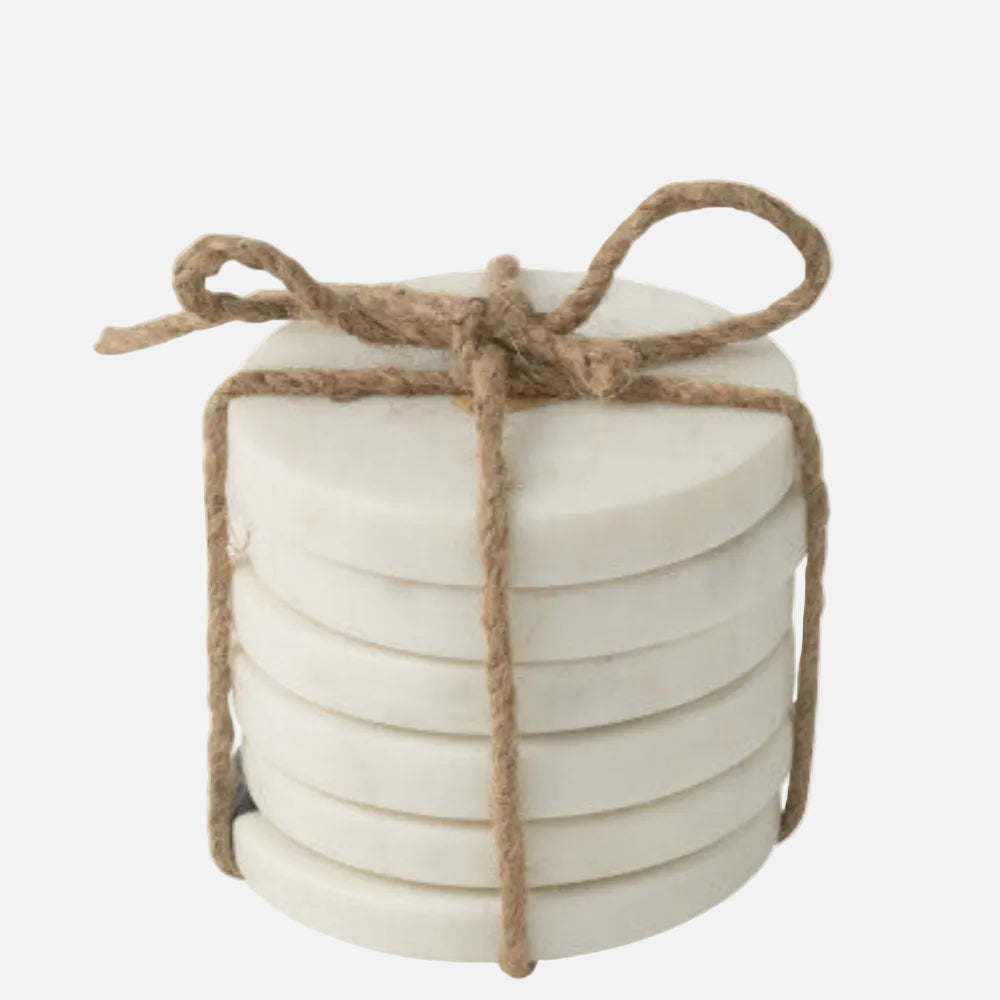 Set of 6 Heart Marble Coasters – White