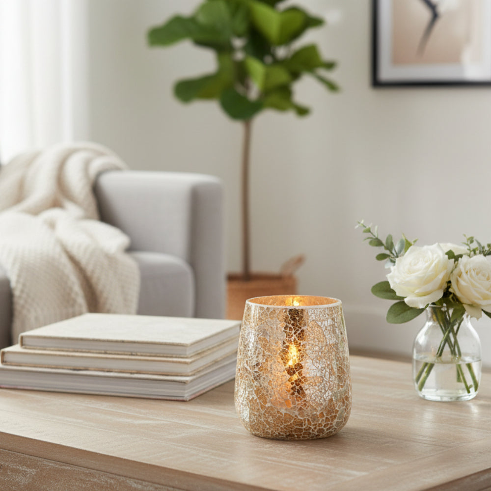 Tall Crackled Glass Candle Holder – Gold Decorative Lantern