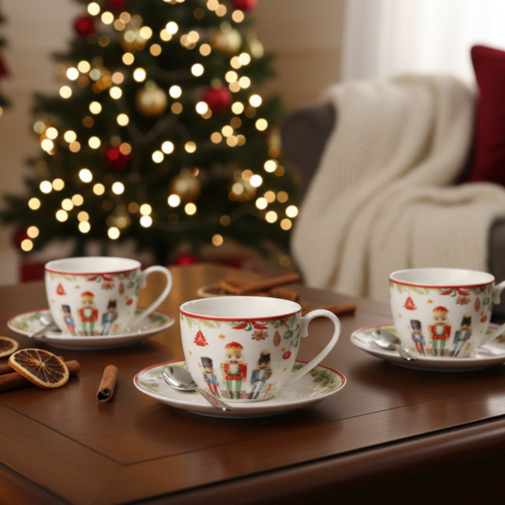 Nutcracker Tea Cup & Saucer Set – White Ceramic (Box of 4)