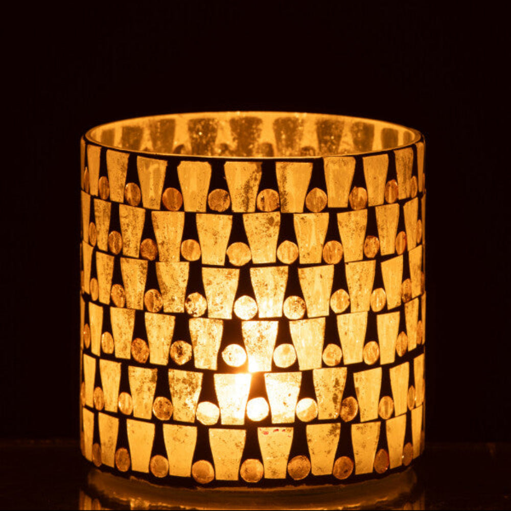 Cylinder Mosaic Glass Candle Holder – Off-White & Gold